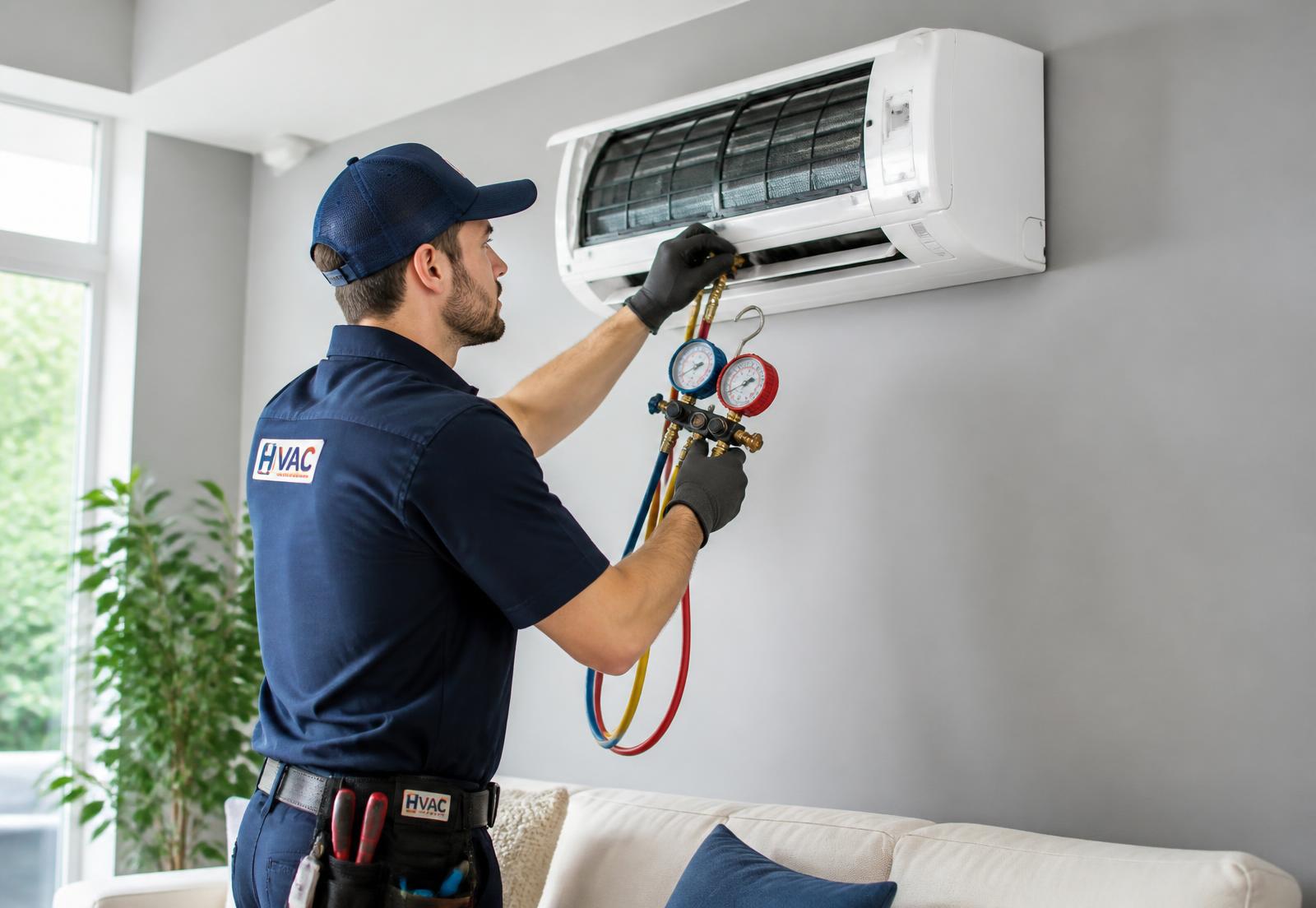 Técnico dando mantenimiento a un minisplit inverter